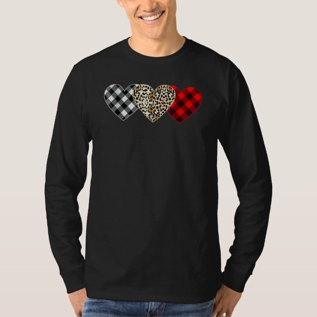 Cute Three Heart Leopard Buffalo Red Black Plaid V T-Shirt (Front)