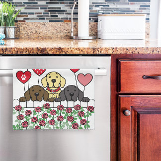 Cute Three Labradors Cartoon Watching Roses Kitchen Towel