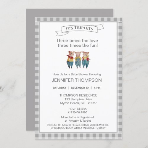 Cute Three Little Pigs Theme Blue Baby Shower   Invitation