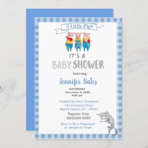 Cute Three Little Pigs Theme Blue Baby Shower   Invitation