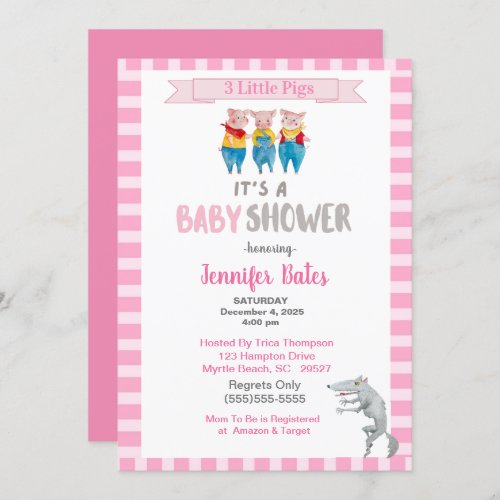 Cute Three Little Pigs Theme Pink Baby Shower     Invitation