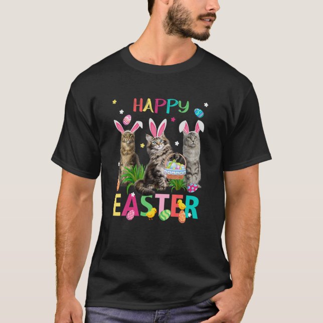 Cute Three Maine Coon Cats Wear Bunny Ears Happy E T-Shirt (Front)