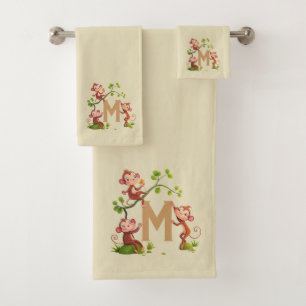 Cute Three Monkeys and Golden Monogram on Beige Bath Towel Set