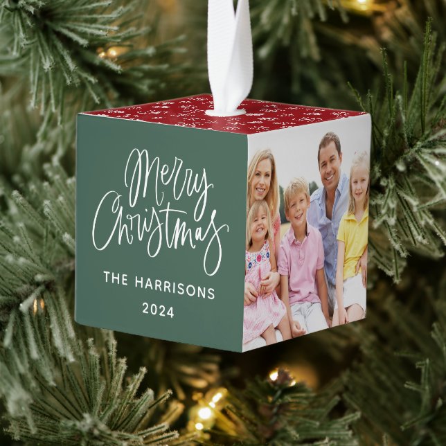 Cute Three Photo Merry Christmas Cube Ornament (Tree)