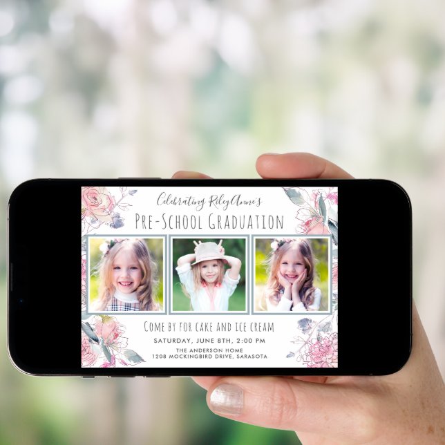 Cute Three-Photo Pre-School Graduation for Girl Invitation (Front Digital)