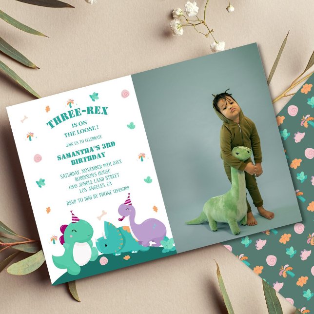Cute three-rex 3rd dinosaur birthday Photo Invitation (Creator Uploaded)
