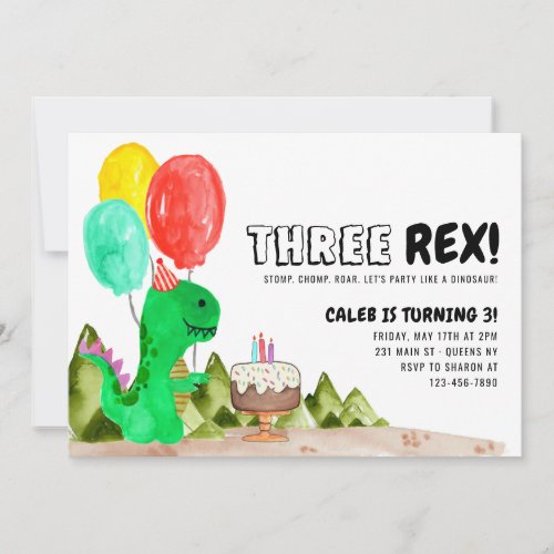 Cute THREE Rex Balloon Cake Dinosaur 3rd Birthday Invitation