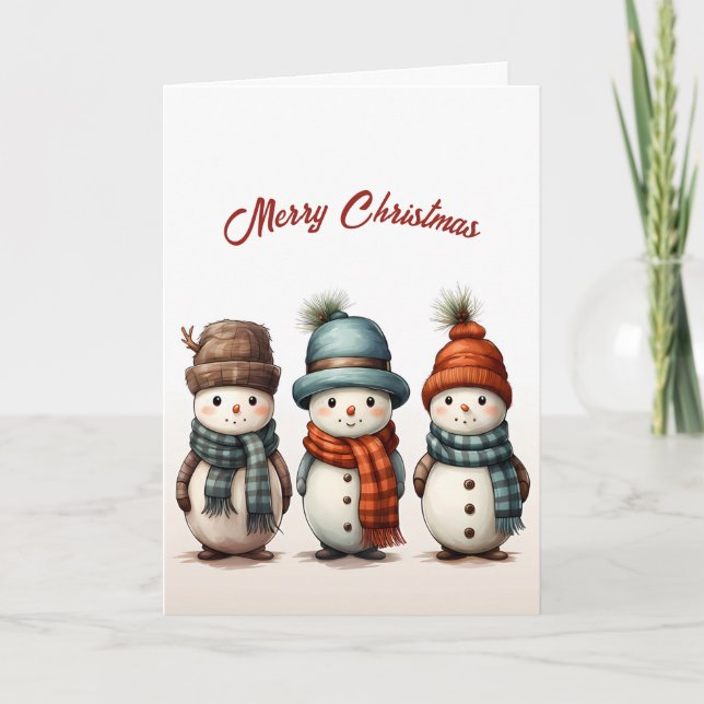 Cute Three Snowmen Illustration Christmas  Card (Front)