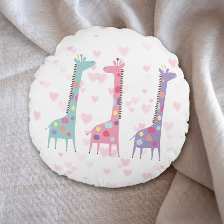 Cute Three Spotted Giraffes On Hearts Kid's Round Pillow