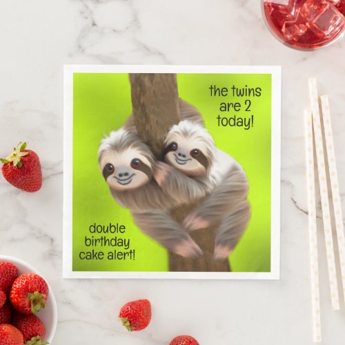 Cute Three_Toed Sloths Happy Twins Birthday Paper Dinner Napkins