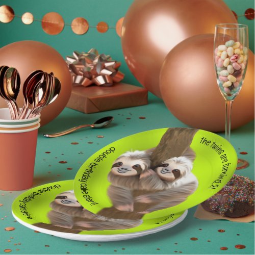 Cute Three_Toed Sloths Happy Twins Birthday Paper Plates