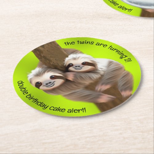 Cute Three_Toed Sloths Happy Twins Birthday  Round Paper Coaster
