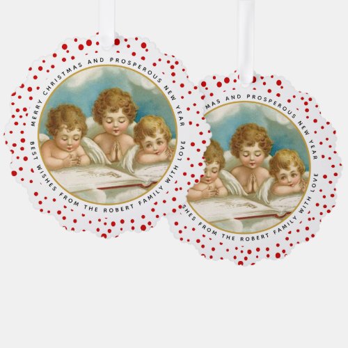 Cute three vintage angels Christmas holiday photo Ornament Card