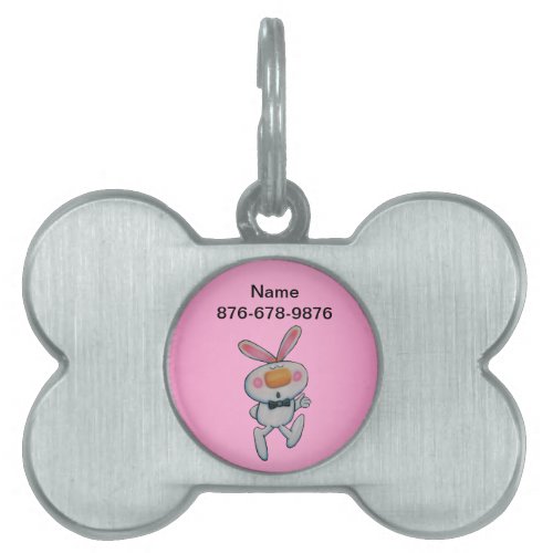 Cute Thumbs Up White Bunny Black Bow Tie Pink Pet ID Tag