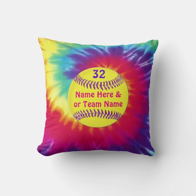 Cute Tie Dye Softball Throw Pillows PERSONALIZED (Front)