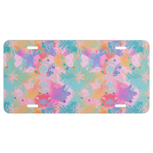 Cute Tie-Dye Stamp Pink Rainbow Flower Pattern License Plate