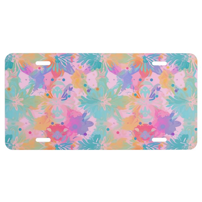 Cute Tie-Dye Stamp Pink Rainbow Flower Pattern License Plate (Front)
