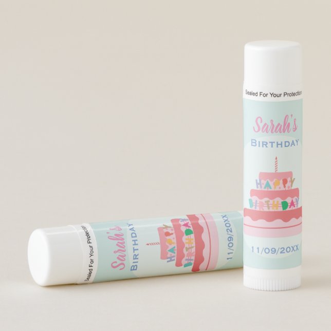 Cute Tiered Pink Birthday Cake Personalised Lip Balm (Front)