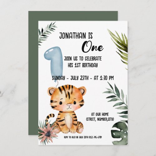 Cute Tiger 1st Birthday Jungle theme Invitation