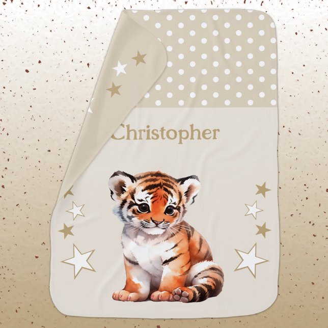 Cute tiger add name polka dots stars brown baby blanket (Creator Uploaded)