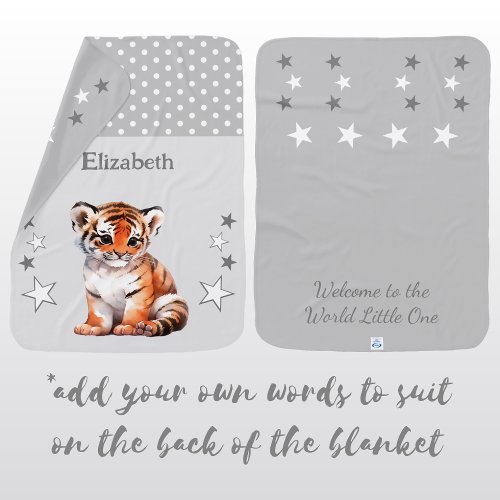 Cute tiger add name polka dots stars grey baby blanket