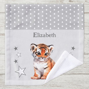 Cute tiger add name polka dots stars grey wash cloth