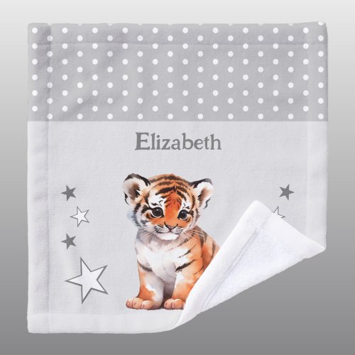 Cute tiger add name polka dots stars grey wash cloth