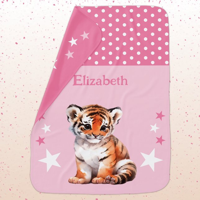 Cute tiger add name polka dots stars pink baby blanket (Creator Uploaded)