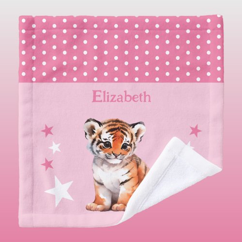 Cute tiger add name polka dots stars pink wash cloth