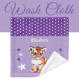 Cute tiger add name polka dots stars purple wash cloth