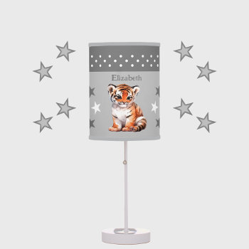 Cute Tiger Add Name Stars Grey Table Lamp by LynnroseDesigns at Zazzle