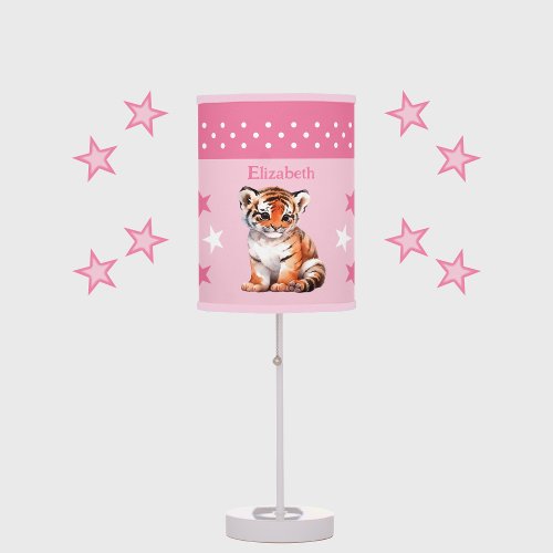 Cute tiger add name stars pink table lamp