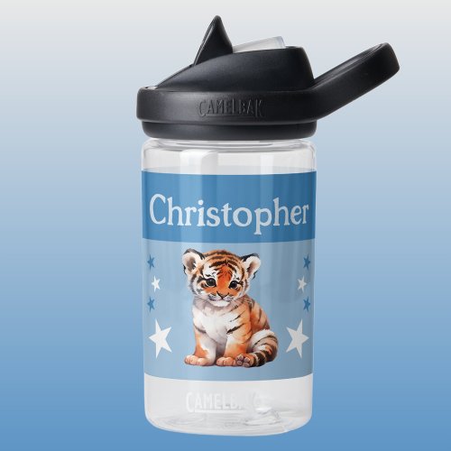 Cute tiger add name with stars kids blue water bottle
