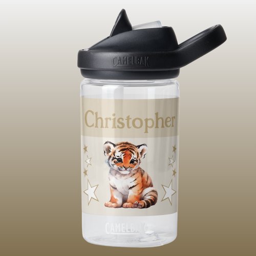 Cute tiger add name with stars kids brown water bottle