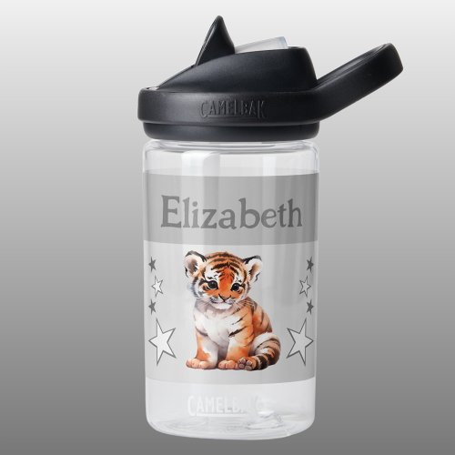 Cute tiger add name with stars kids grey water bottle