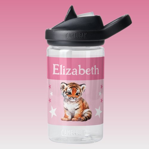 Cute tiger add name with stars kids pink water bottle