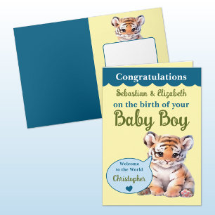 Cute tiger add names blue green baby boy card