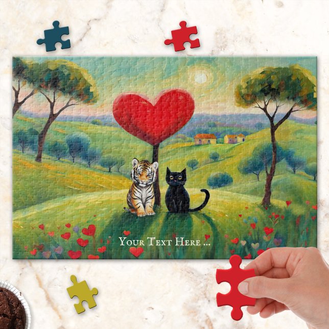 Cute Tiger and Black Kitten Love Puzzle (Puzzle featuring a cute primitive painting of a tiger cub and black kitten in a spring landscape)
