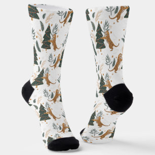 Cute Tiger and Christmas Trees Pattern On White Socks