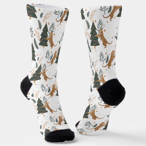Cute Tiger and Christmas Trees Pattern On White Socks