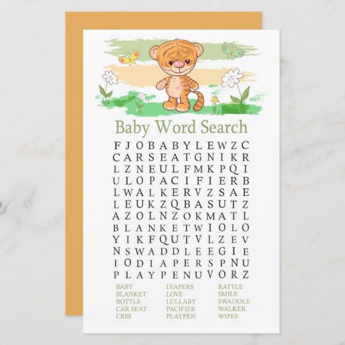 Cute Tiger Baby Shower Word Search Game
