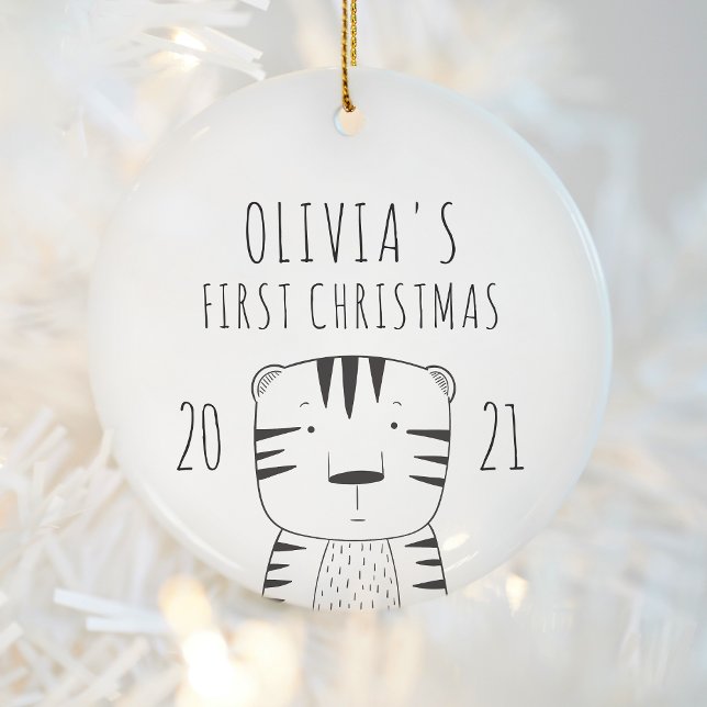 Cute Tiger Babys First Christmas Black White Ceramic Ornament (Creator Uploaded)