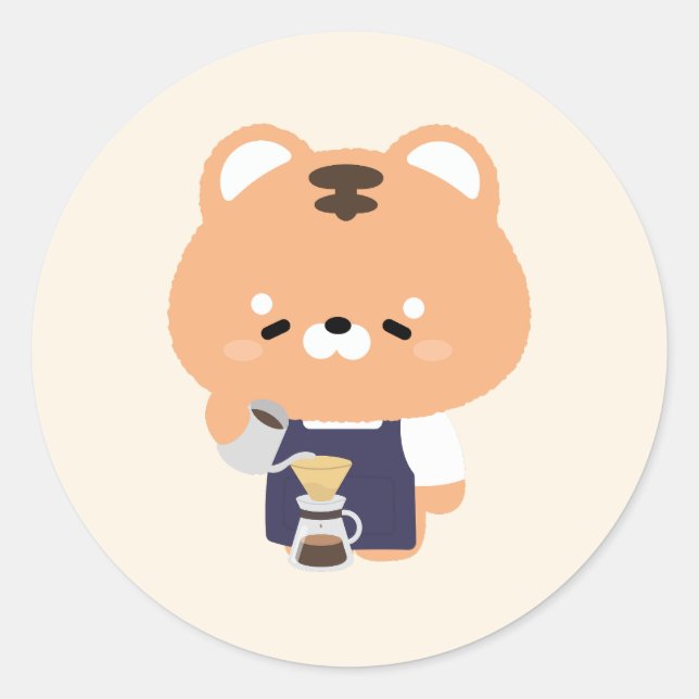 Cute Tiger Barista Classic Round Sticker (Front)