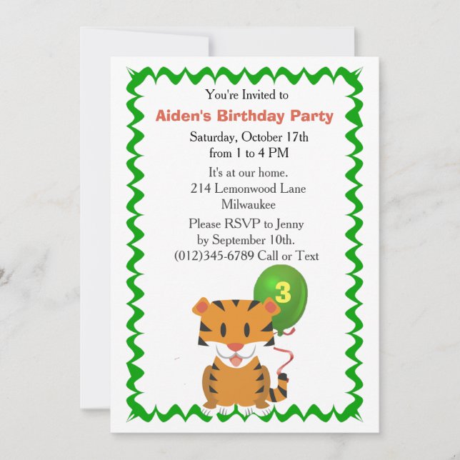 Cute Tiger Birthday Party Invitation for Boy (Front)