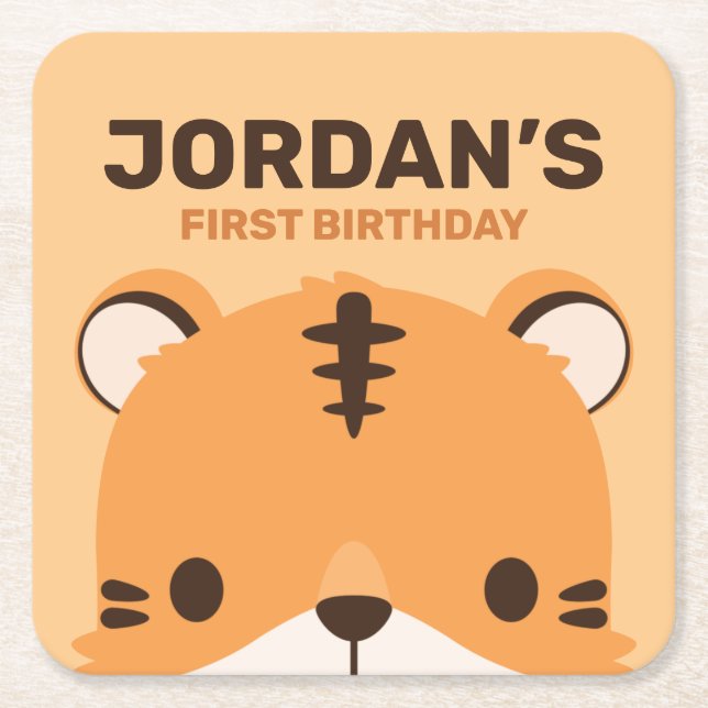 Cute Tiger Birthday Square Paper Coaster (Front)