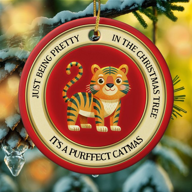 Cute Tiger Cat Illustrated Christmas Ceramic Ornament (Cute whimsical Christmas ornament featuring an illustration of a tiger kitty in a simple happy style)