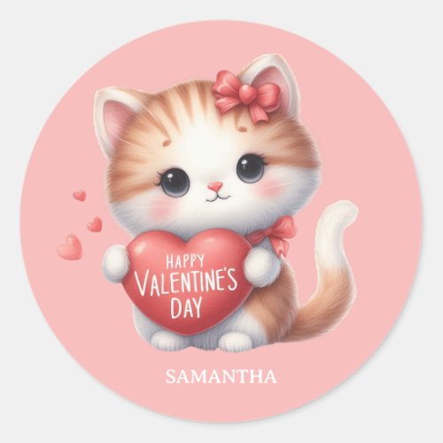 Cute Tiger Cat Red Heart Happy Valentines Day Classic Round Sticker