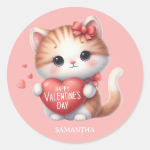 Cute Tiger Cat Red Heart Happy Valentine's Day Classic Round Sticker