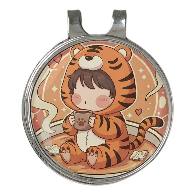 Cute Tiger Coffee Book Art Golf Hat Clip (Front)