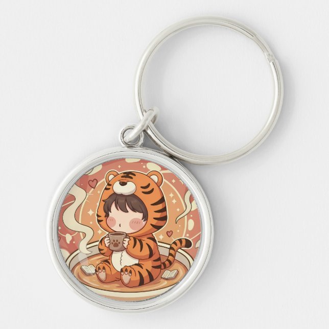 Cute Tiger Coffee Book Art Keychain (Front)